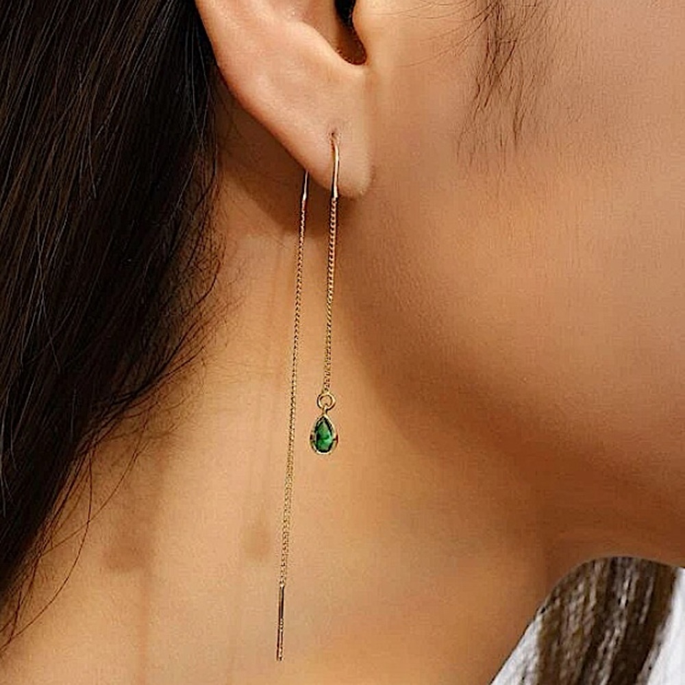 GOLD EMERALD GREEN ZIRCON THREADER EARRINGS